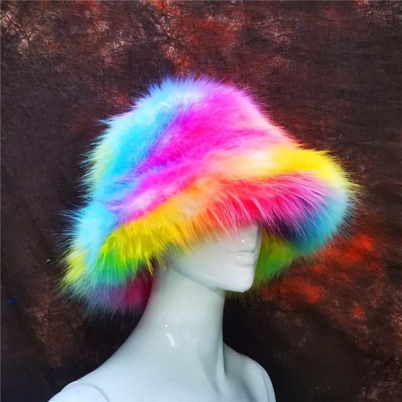 Wuwdysa Women Teen Warm Winter Hat Rainbow Fluffy Furry Plush Faux Fur Hats Smart LED Light Up Fishing Hat Bucket Hats - Image 3